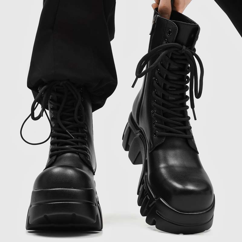 メンズファッショナブルな厚底ミドル丈ブーツ、身長を高く見せる - Street Fashion Outfit のレビューと価格