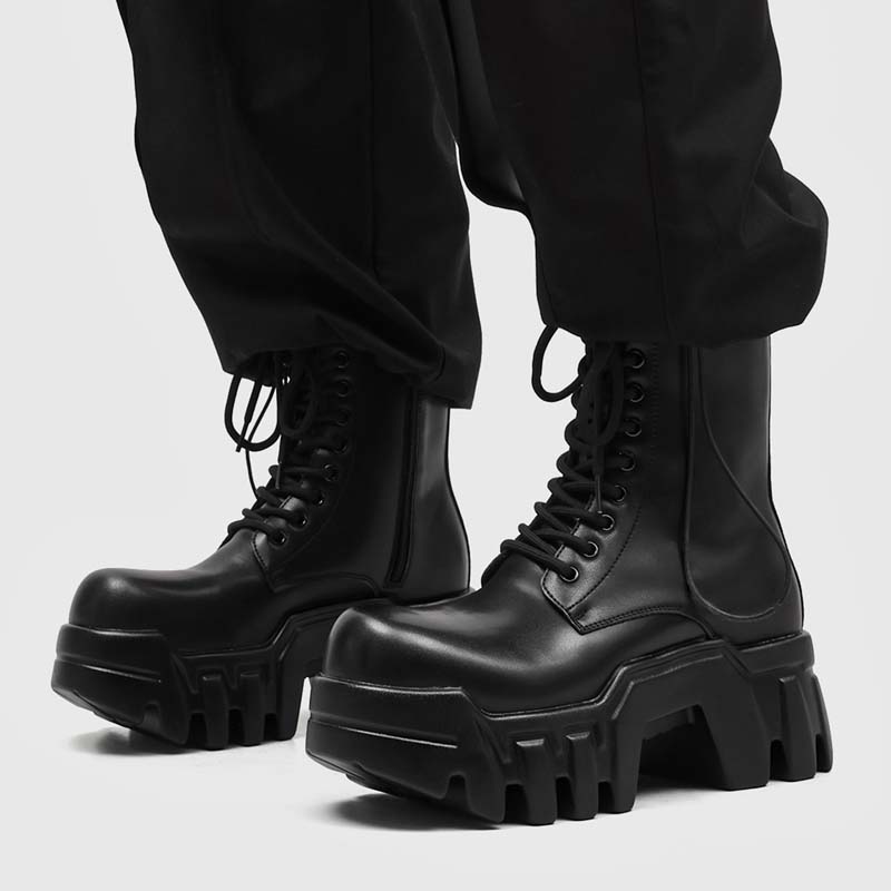メンズファッショナブルな厚底ミドル丈ブーツ、身長を高く見せる - Street Fashion Outfit のレビューと価格