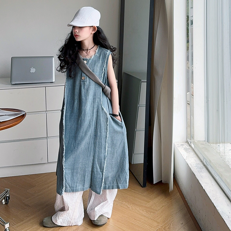 ルーズスタイル子供高級夏のデニムドレス十代の少女のためのハイ - Street Fashion Outfit のレビューと価格