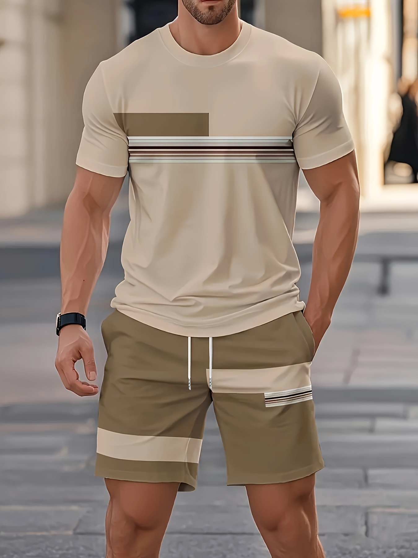 夏のメンズセットカジュアル O ネック半袖トップス + ショ - Street Fashion Outfit のレビューと価格