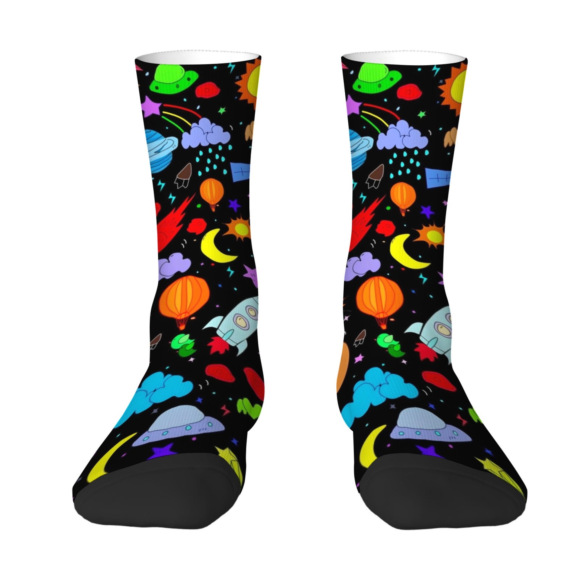 カートゥーン風地球宇宙プリント メンズミッドカーフソックス  - Quirky Street Fashion のレビューと価格
