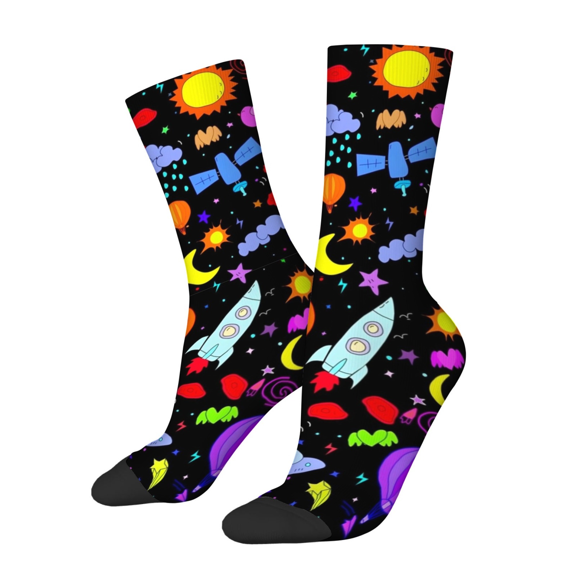 カートゥーン風地球宇宙プリント メンズミッドカーフソックス  - Quirky Street Fashion のレビューと価格