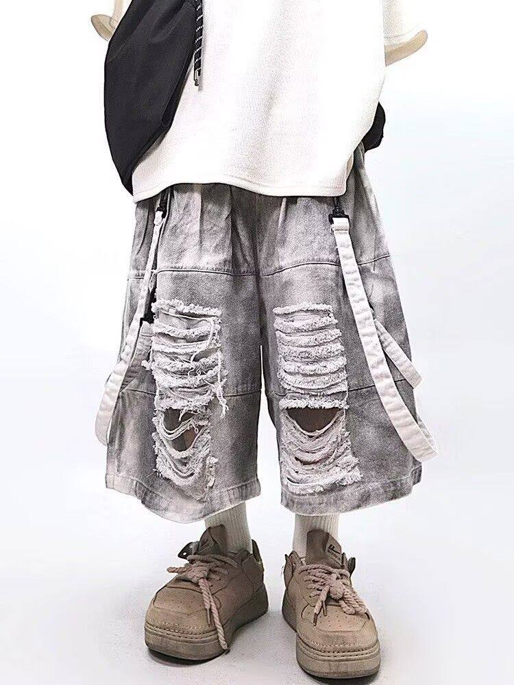 レトロヒップホップメンズリップドジーンズ夏アメリカンカジュア - Street Fashion Jeans のレビューと価格