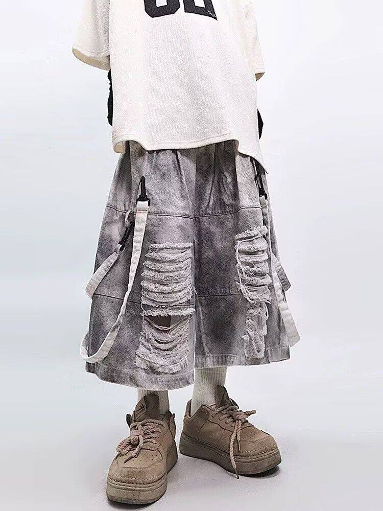 レトロヒップホップメンズリップドジーンズ夏アメリカンカジュア - Street Fashion Jeans のレビューと価格