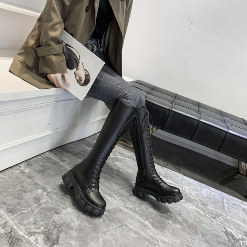 女性用ニーハイブーツ、レースアップコンバットブーツ、プラット - Street Fashion Winter のレビューと価格