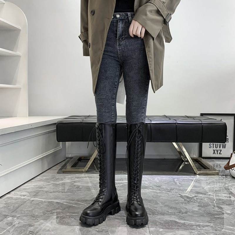 女性用ニーハイブーツ、レースアップコンバットブーツ、プラット - Street Fashion Winter のレビューと価格
