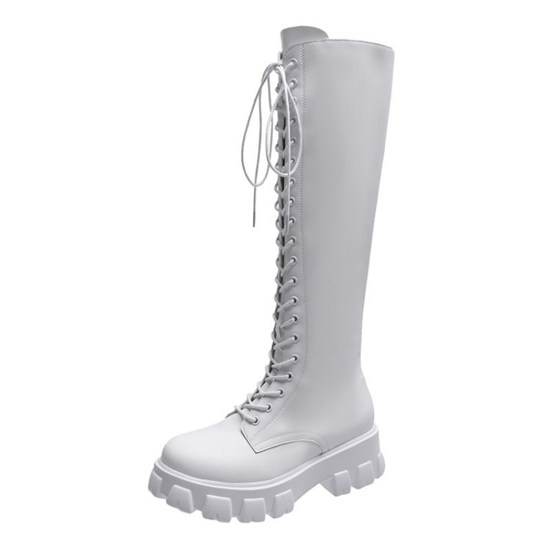 女性用ニーハイブーツ、レースアップコンバットブーツ、プラット - Street Fashion Winter のレビューと価格
