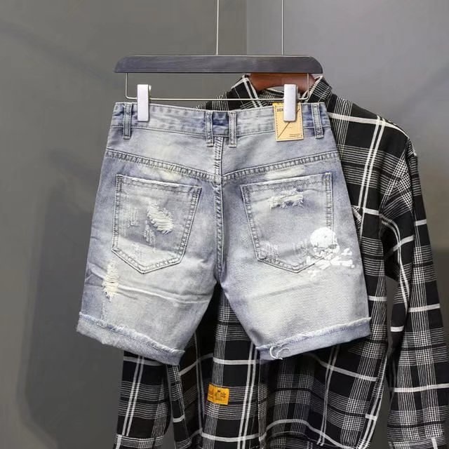 メンズの穴のある伸縮性のあるサマージーンズ,フィットしたファ - Street Fashion Jeans のレビューと価格