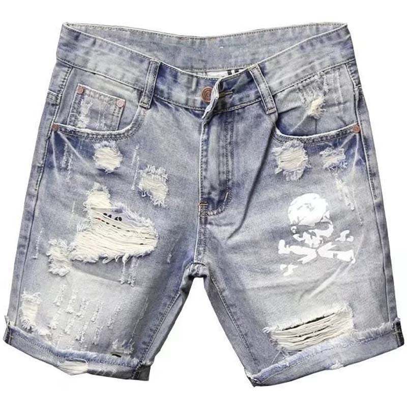 メンズの穴のある伸縮性のあるサマージーンズ,フィットしたファ - Street Fashion Jeans のレビューと価格